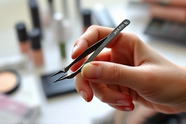 Hand holding precision tweezers for eyelash extensions.