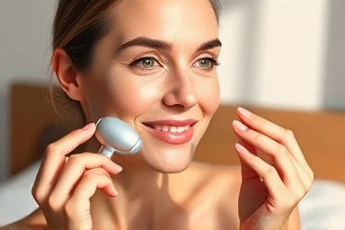 Woman using face roller for glowing skin and toned jawline
