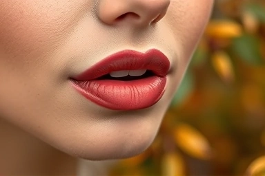 Muted rose lipstick on lips, warm autumn background, soft focus