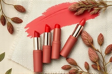 Muted lipstick swatches, flat lay, autumn beauty, elegant aesthetic