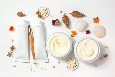 Different hand cream textures and natural elements.