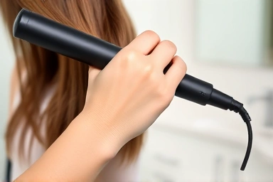 Woman styling hair with a flat iron for C-curl.
