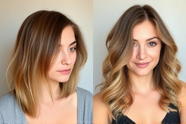 Before and after flat iron C-curl hair styling.