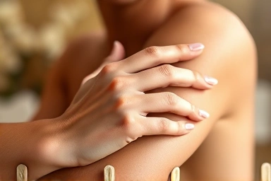 Luxurious body lotion application, soft skin, natural glow