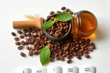 Natural ingredients for hair dyeing: henna, coffee beans, oils.