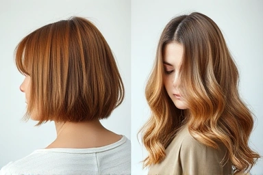 Dramatic hair transformation from short to long, voluminous hair.