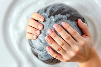 Gentle scalp massage with shampoo lather, focus on fingertips.