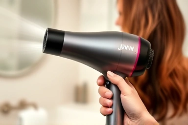 Hand using a JMW hair dryer with gentle airflow on healthy hair.