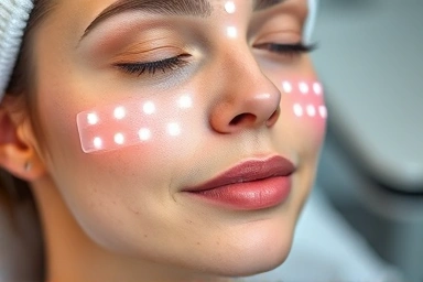 Woman using LED face mask for skincare