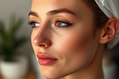 Woman using an LED mask for skincare with a cautious expression.