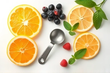 Fresh ingredients and measuring scoop for healthy supplements.