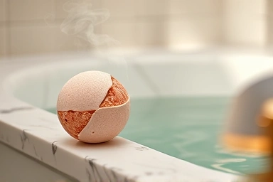 Lush bath bomb in a luxurious bathtub, serene self-care moment.