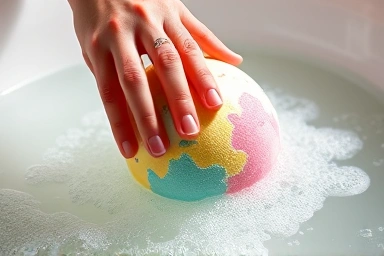 Hand placing Lush bath bomb into water, releasing color and bubbles.