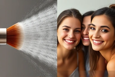 Fine mist spraying makeup brush and diverse women