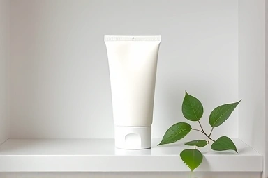 Sleek men's sunscreen tube on a minimalist shelf.