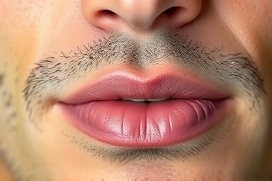 Man's lips with natural color tint, healthy and moisturized