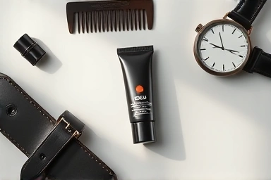 Men's color lip balm product flat lay, minimalist grooming