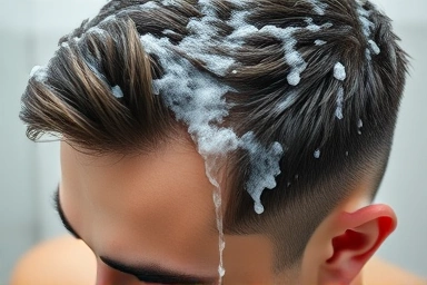 Young man washing graying hair with special shampoo