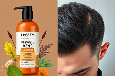 Men's shampoo bottle and healthy scalp visualization