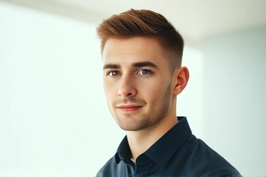 Confident man with a sharp, short interview hairstyle.