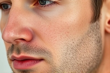 Man with smooth, matte skin texture, pores subtly blurred