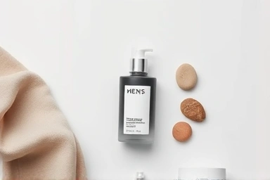 Minimalist men's skincare product bottle with natural elements