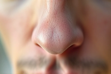 Man's nose with blackheads and enlarged pores, gentle skincare.