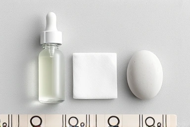 Skincare product flat lay: sebum softener, cotton pad, stone.