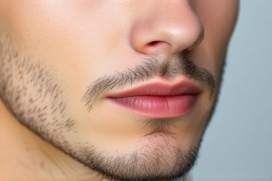 Man with flawless skin, natural beard shadow coverage.