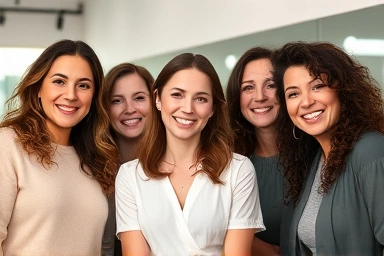 Women with stylish mid-length layered C-curl perms smiling.