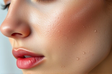 Dewy, hydrated skin with subtle water droplets, symbolizing moisture.