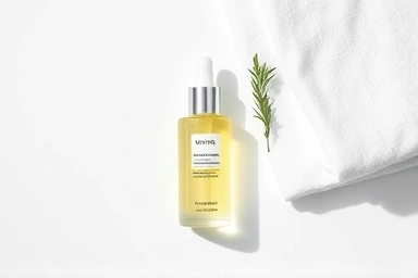 Minimalist skincare flat lay, vitamin C serum bottle