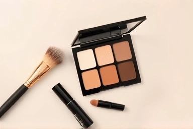 Makeup tools for natural nose contouring: brush, palette, sponge.