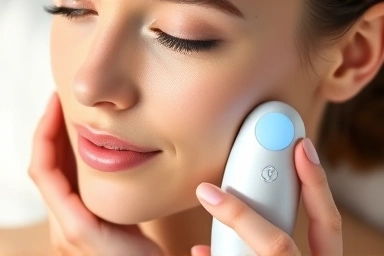 Woman with glowing skin using a skincare device