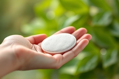 Hand holding cica toner pad, natural skincare, soothing herbs.