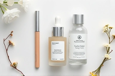 Beauty products for acne-prone skin, natural ingredients, minimalist aesthetic.