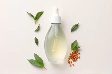 Cleansing oil bottle, botanical ingredients, minimalist flat lay.