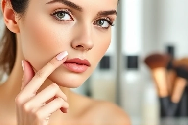 Woman applying pore-minimizing primer for smooth skin.