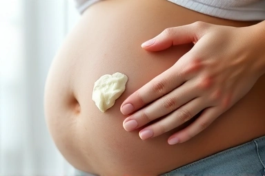 Pregnant belly with gentle cream application, symbolizing safe skincare.