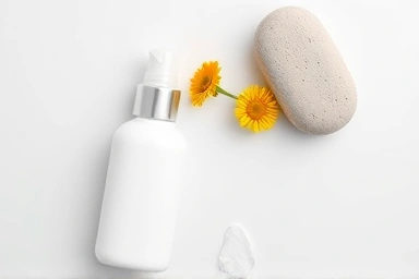Natural stretch mark cream, calendula flowers, and minimalist vanity.