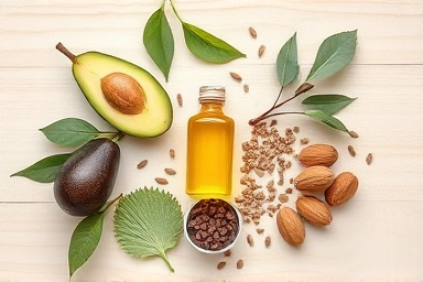 Natural ingredients for skin oil: avocado, camellia, jojoba, argan