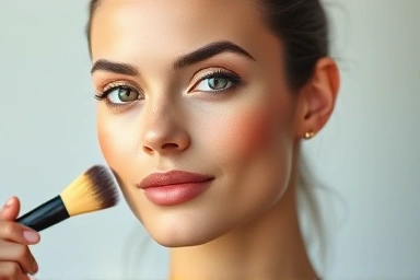 Woman confidently covering facial redness with makeup.