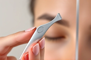 Person safely using eyebrow razor with safety guard.