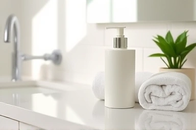 Calm, hygienic bathroom counter with soothing lotion.
