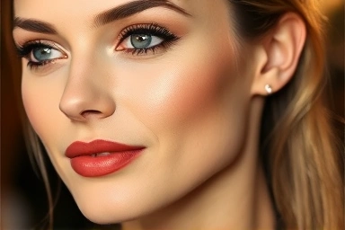 Natural glowing skin, subtle guest makeup, MLBB lips, elegant look