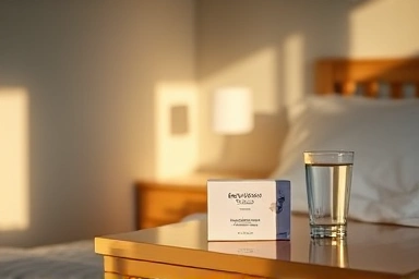 Serene bedroom with sleeping mask, symbolizing overnight skin renewal.