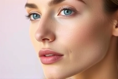 Woman with matte, flawless skin after using powder.
