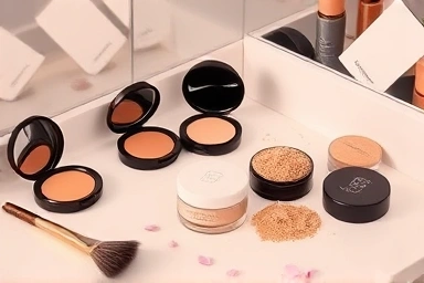 Collection of makeup powders and compacts on a vanity.