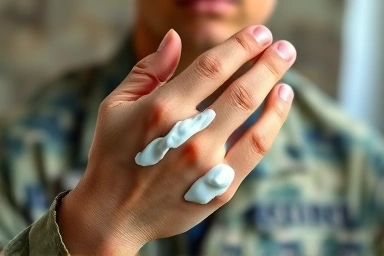 Soldier applying lotion, healthy skin, skincare routine