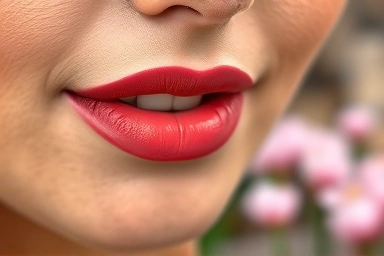 Vibrant coral lipstick on woman's lips, soft natural light